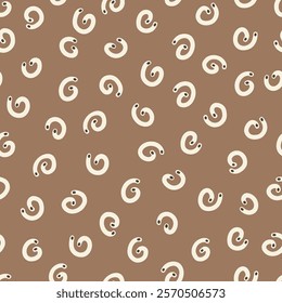 Abstract curled shapes seamless pattern.  Minimalistic elements against a warm brown background. Suitable for various design applications.