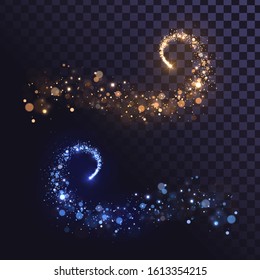 Abstract curlicues elements on a transparent background, gold and blue flying star with sparks