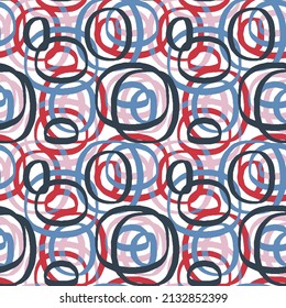 Abstract curls are divided into four sections in a chaotic order. Seamless red blue texture. Scribble abstract seamless pattern. doodle style background vector illustration