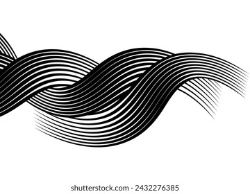 Abstract curls of hair from black wavy lines. Braid of hair. Striped design element. Vector background.