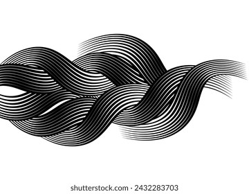 Rizos abstractos de pelo de líneas onduladas negras sobre un fondo blanco. Trenza de pelo. Elemento de diseño a rayas. Vector de fondo.