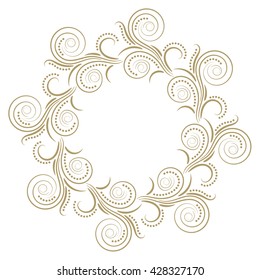 Abstract curly gold frame isolated on white background. Vector illustration.