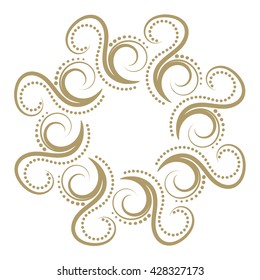 Abstract curly gold frame isolated on white background. Vector illustration.