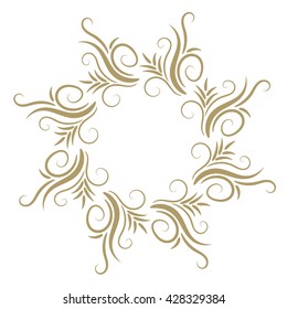 Abstract curly gold frame isolated on white background. Vector illustration.