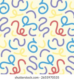 Abstract curly line pattern in multicolor on white. Bright and cheerful design for wallpapers, kids prints, or fun product backgrounds.