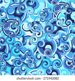 Abstract Curly Seamless Pattern in Blue Colors. Vector Illustration.