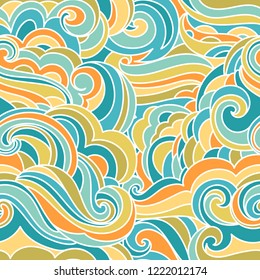 Abstract curly waves hand drawn pattern. Seamless vector wavy background. Fantasy waves illustration art.