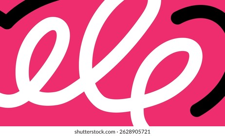 Abstract cursive-inspired design in white and pink with bold black details on a vivid background, suggesting motion and creativity.