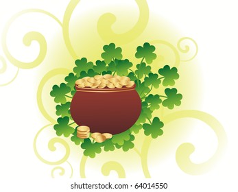 abstract curve artwork background with shamrock and gold coins earthenware