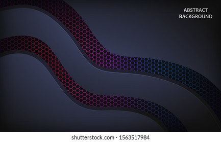 Abstract curve dark blue papercut background on purple color gradient hexagon pattern. Modern futuristic technology corporate design template.