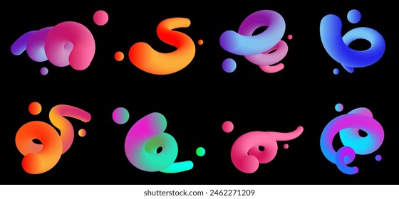 Abstract curve in different shapes. Gradient blend line. Modern design with bright waves.  Elements design for mockup, banner, poster and background. Vector illustration