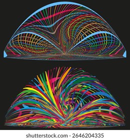 Abstract curve element. Colorful light rays. Geometric fan shape. Vector modern artwork.