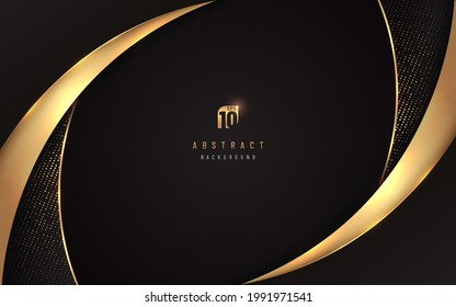 Abstract curve geometric shape overlapping on black background with copy space. Shiny glitter and golden lines glowing dots golden combinations. Luxury and elegant frame design. Vector illustration