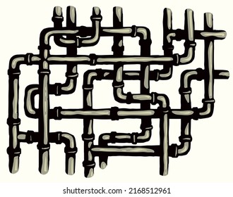 Abstract curve modern big iron tangle joint black hand drawn logo pictogram emblem design vintage art doodle print style. Close up view retro grey color intricate knot white wall text space backdrop