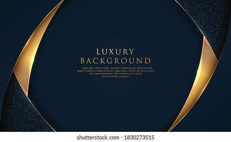 Abstract curve overlapping on dark blue background with glitter and golden lines glowing dots golden combinations. Luxury and elegant design. Vector illustration
