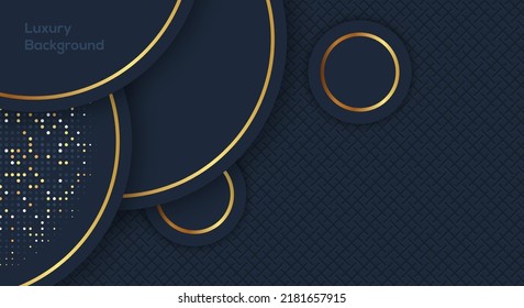	
Abstract curve overlapping on dark blue background with glitter and golden lines glowing dots golden combinations. Luxury and elegant design.