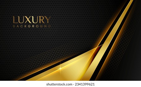 Abstract curve overlapping on dark blue background with glitter and golden lines glowing dots golden combinations. Luxury and elegant design. Vector illustration.