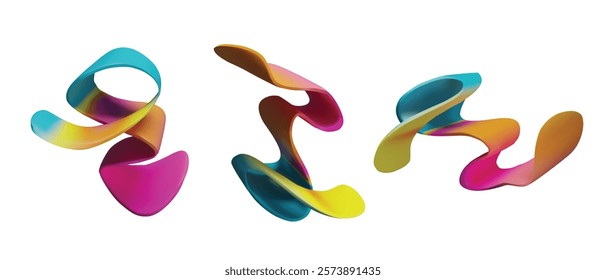 Abstract curve ribbon, multicolored gradient swirl tapes. Realistic vector illustrations set of volume wave shape. Dynamic rainbow design element. Smooth twist texture