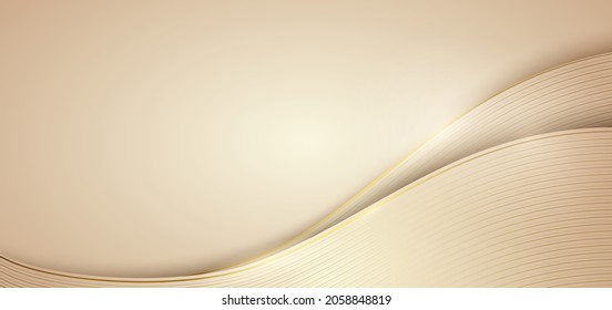 Abstract curve soft brown layer luxury background with golden line curve on dark blue background. Vector illustration