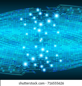 abstract curve wave blue cyber high tech circuit board vector, rotate spiral