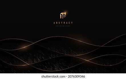 Abstract curve wavy layers overlapping on black background with golden light lines and glowing dots elements combinations. Luxury and elegant style. VIP invitation banner with copy space. Vector EPS10