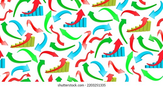 Abstract curved arrows and growth chart sign. Market movements creative concept charts, infographics. Trading stock news impulses. Up and down trend. Trade infographic. Seamless 3d vector design