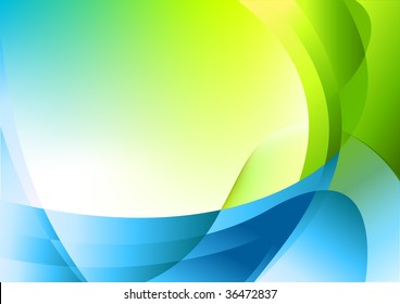 Abstract curved background in greens and blues.