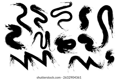 Abstract Curved Black Ink Swirl Arrow Pack Brushes , Hand Drawn Brush Stroke Grunge Collection 