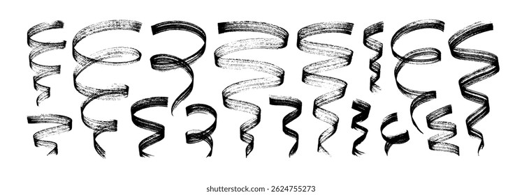 Abstract curved bold brush strokes, spirals and curly lines. Hand drawn vector graphic ribbons, bold curls and curved brush strokes. Creative abstract squiggles, confetti ribbons. Calligraphy smears.