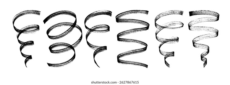 Abstract curved bold brush strokes, spirals and curly lines. Hand drawn vector graphic ribbons, bold curls and curved brush strokes. Creative abstract squiggles, confetti ribbons. Calligraphy smears.