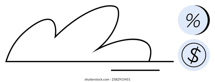 Abstract curved cloud line art with percentage and dollar signs in blue circles. Ideal for finance, economy, savings, growth, cloud storage, investment, and technology themes. Line metaphor