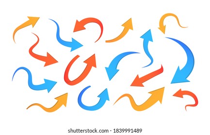 Abstract curved colored arrows vector set isolated on white background. Different arrow icon set circle, up, curly, straight and twisted. Design elements. Vector illustration, eps 10.