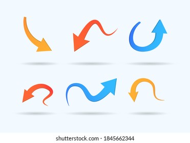 Abstract curved colored arrows vector set isolated on white background. Different arrow icon set circle, up, curly, straight and twisted. Design elements. Vector illustration, eps 10.
