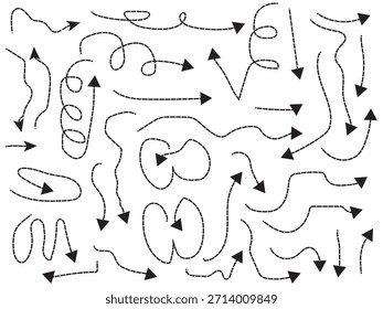 Conjunto de flechas discontinuas curvas Abstractas, flecha direccional negra de flujo de línea punteada ondulada. Una colección diversa de flechas negras dibujadas a mano. Conjunto de símbolos de flecha direccional para la navegación, incluidos varios estilos.