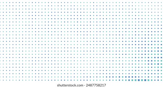 Abstract curved dotted surface with halftone effect by blue and turquoise small squares. Vector graphic pattern