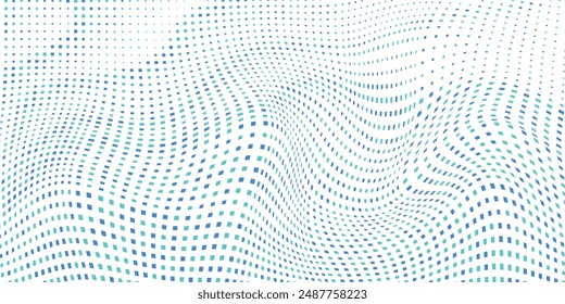 Abstract curved dotted surface with halftone effect by blue and turquoise small squares. Vector graphic pattern