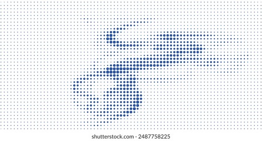 Abstract curved dotted surface with halftone effect by blue and turquoise small squares. Vector graphic pattern