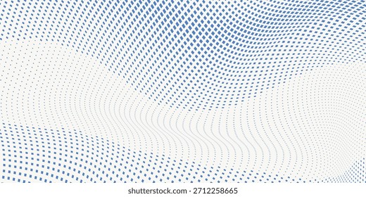 Superfície curva pontilhada abstrata com efeito de meio-tom por quadrados pequenos azuis e turquesa. Padrão de gráfico vetorial