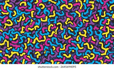 Abstract curved forms interweave creating vibrant pattern over dark backdrop graphic