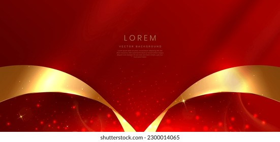 Abstract curved gold shape on red background with lighting effect and copy space for text. Luxury design style. Vector illustration