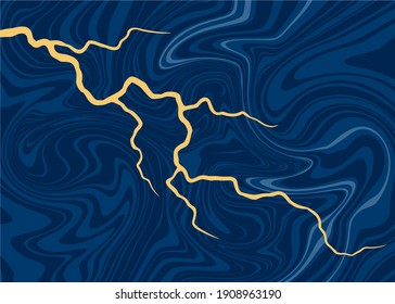 Abstract curved golden lines on a blue stone background in the style of Japanese kintsugi. Modern vector background.
