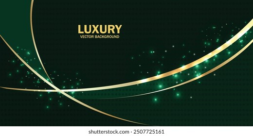 Abstract curved green and gold shape background with lighting effect and copy space for text. Luxury design style