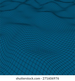 Abstract curved grid background. 3d wire vector model of wavy surface. Blue colors