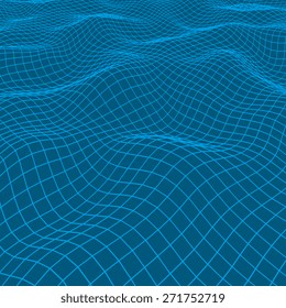 Abstract curved grid background. 3d wire vector model of wavy surface. Blue colors