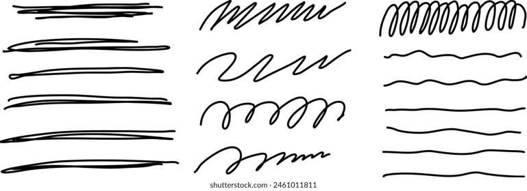 Abstract curved hand drawn Editable lines. Pencil scribble vector set. Childish drawing.. Childish drawing. Wavy lines. Vector Illustration.