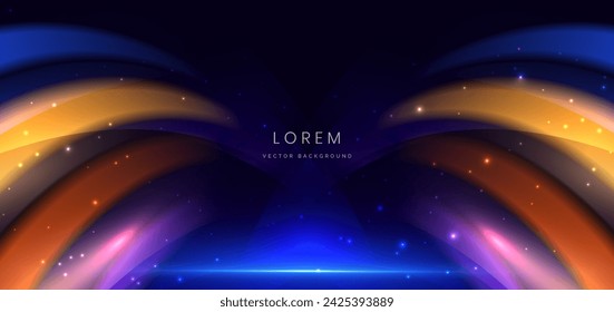 Abstract curved light ray blue, orange, purple and yellow light lines on dark blue background. Vector illustration