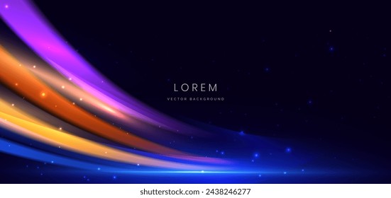 Abstract curved light ray blue, orange, purple and yellow light lines on dark blue background. Vector illustration