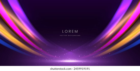 Abstract curved light ray blue, orange, purple and yellow light lines on dark blue background. Vector illustration