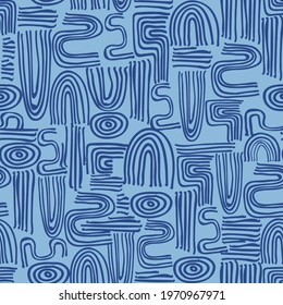 abstract curved line pattern background.abstract doodle shapes collage.Cute geometric shapes and doodles repeating pattern on navy blue with light blue background.