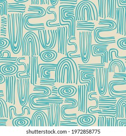 Abstract curved line pattern background.abstract doodle shapes collage.Cute geometric shapes and doodles repeating pattern on turquoise with beige background.